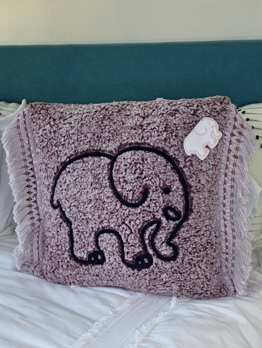 Ivory Ella Marled Sherpa Elephant Fringe Decorative Pillow 20x20 Pink Boho Chic